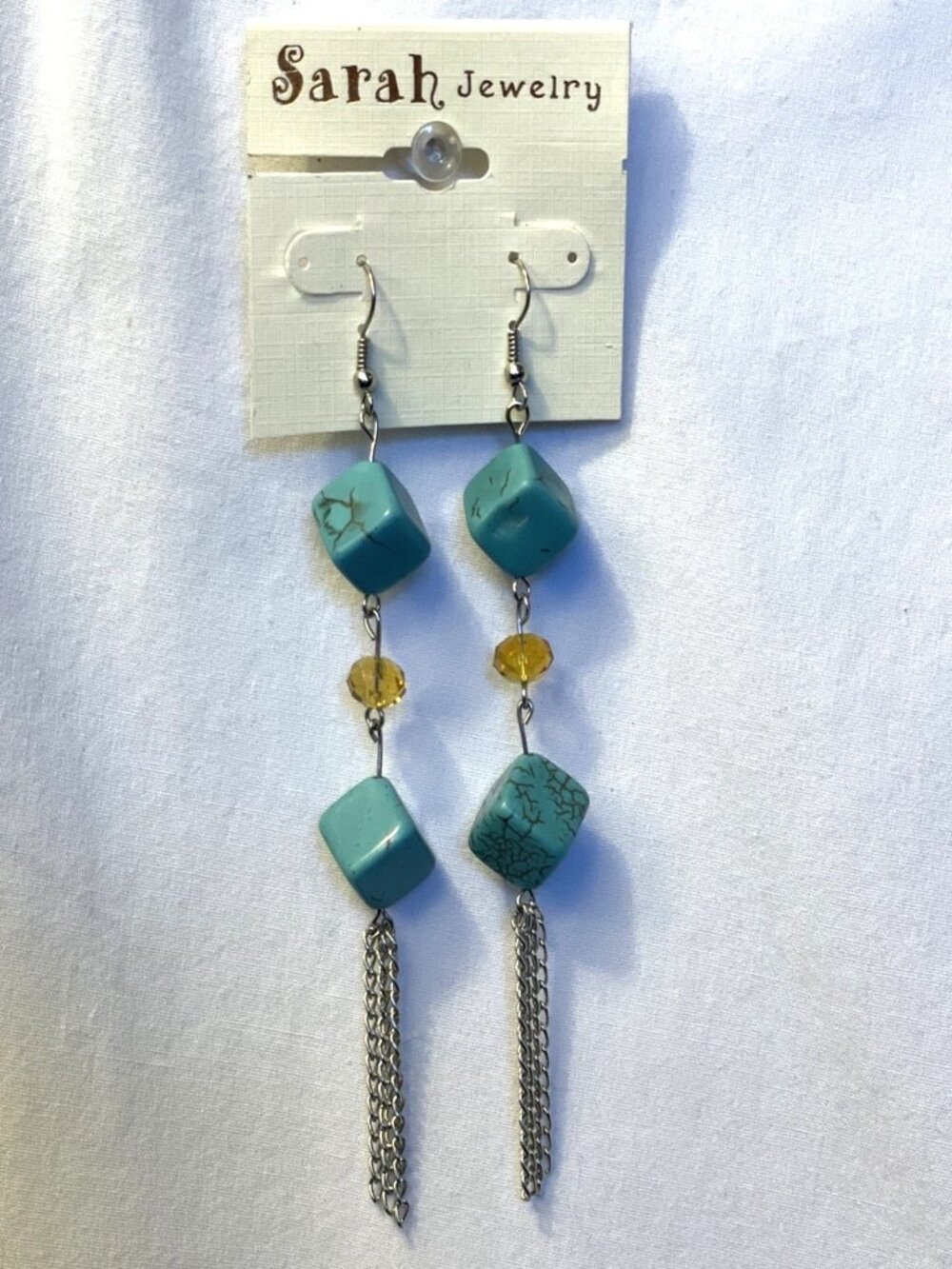 Faux Turquoise Double Cube Dangle Earrings Orange Bead Silver Tassel Chain Drop